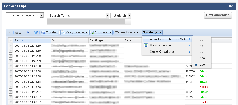 MX Filter Nachrichtenlog
