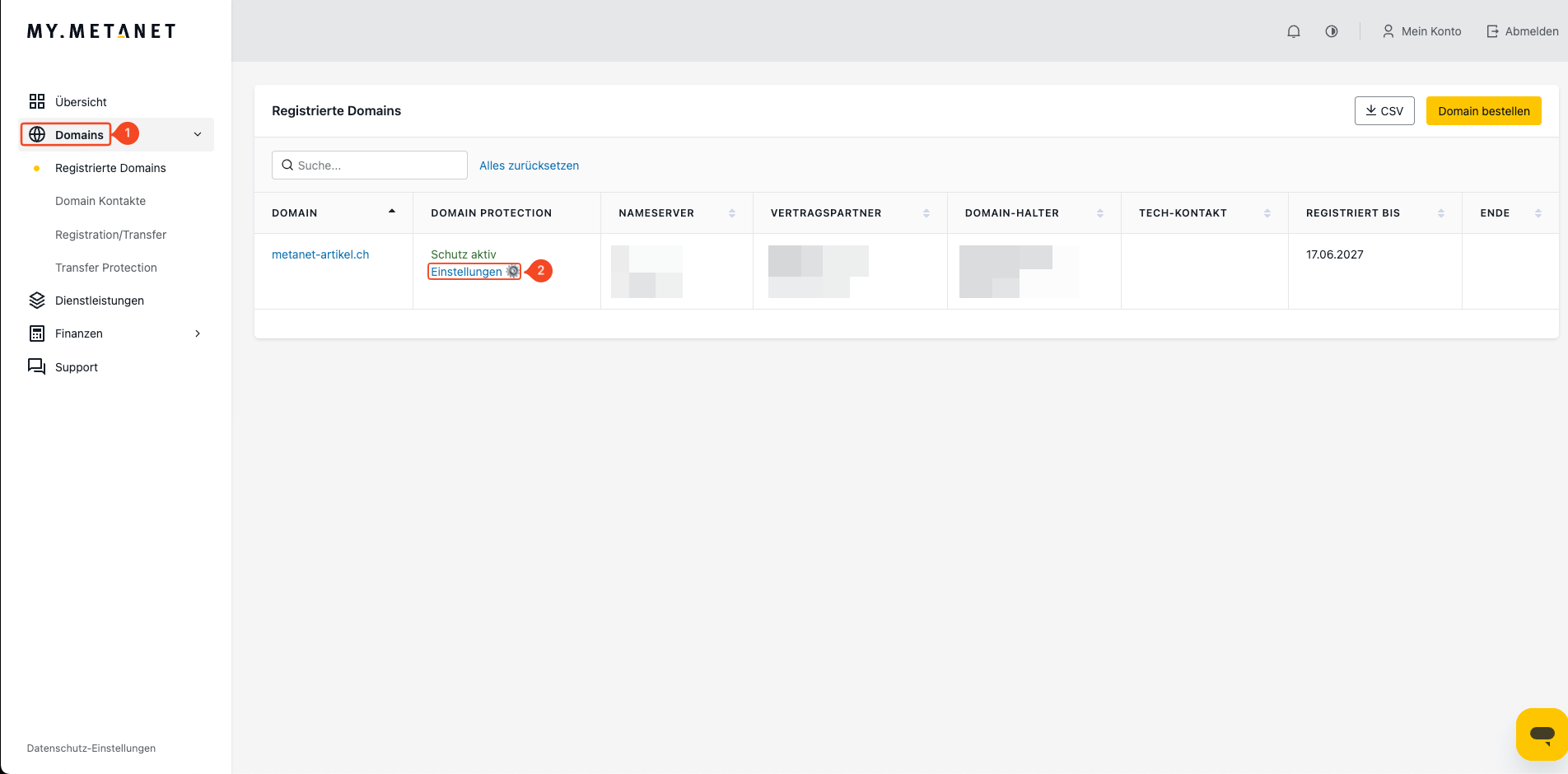 Domain Protection Einstellungen in der Domainübersicht öffnen