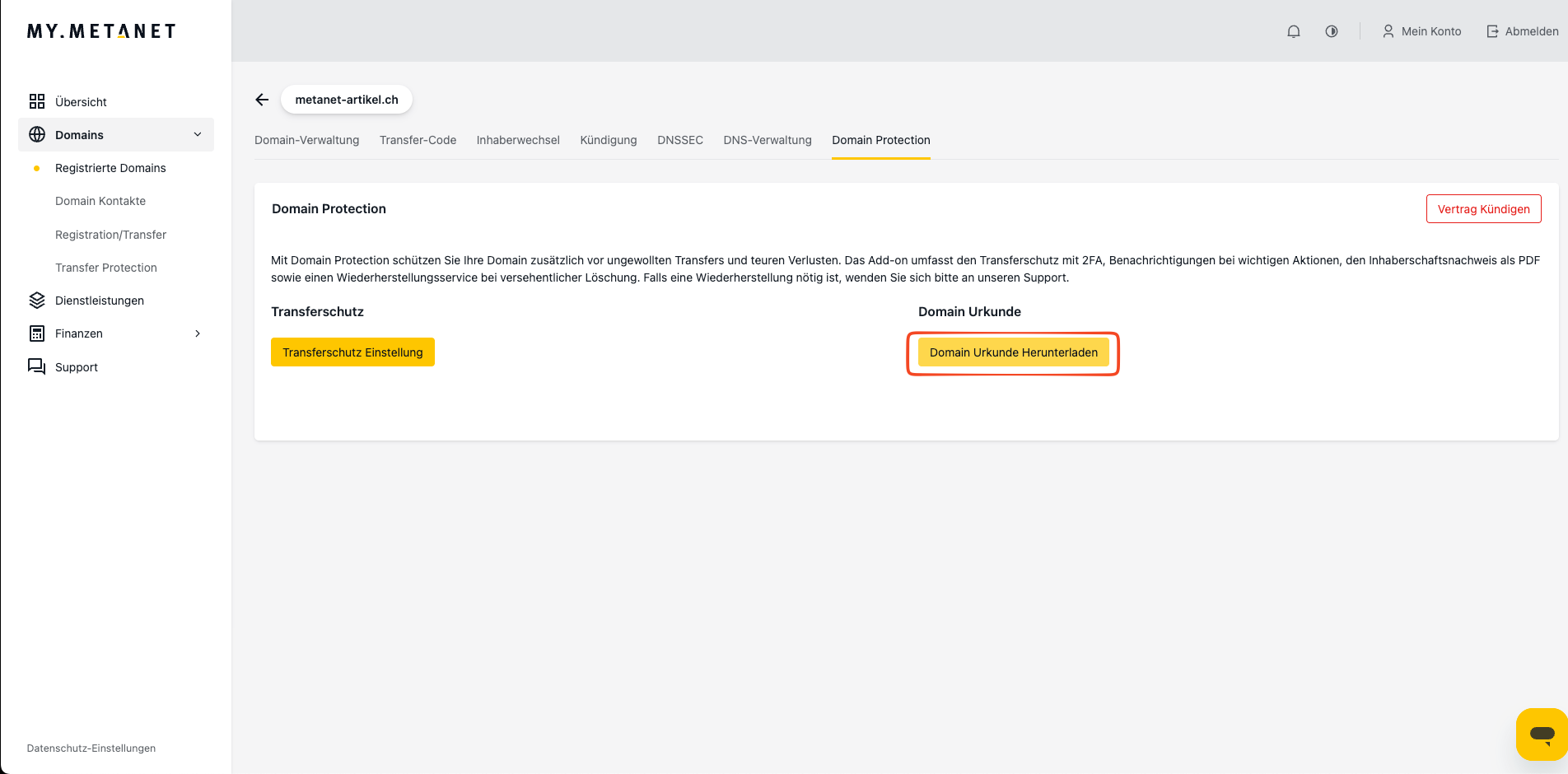 Domain-Urkunde in den Domain Protection Einstellungen herunterladen
