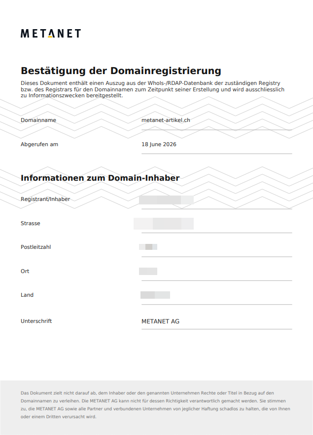 Beispiel für die Domain-Urkunde