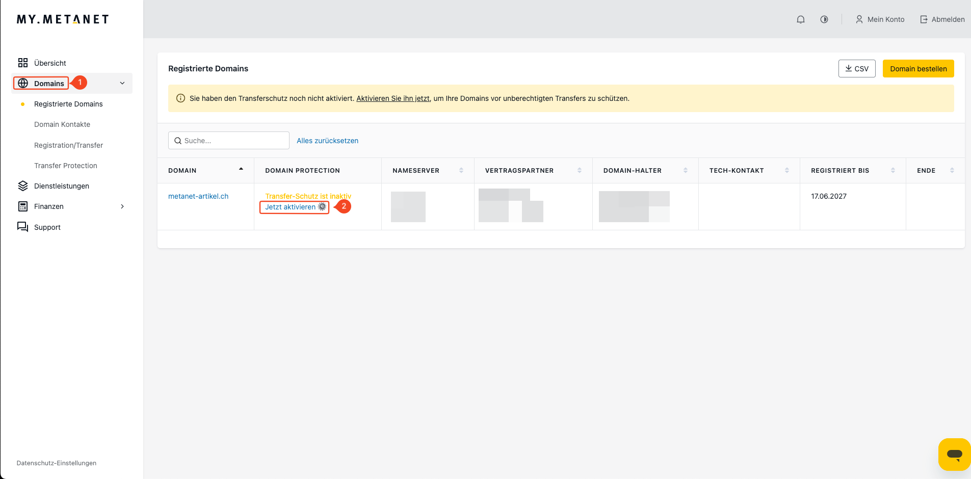 Domain Protection in der Domainübersicht aktivieren