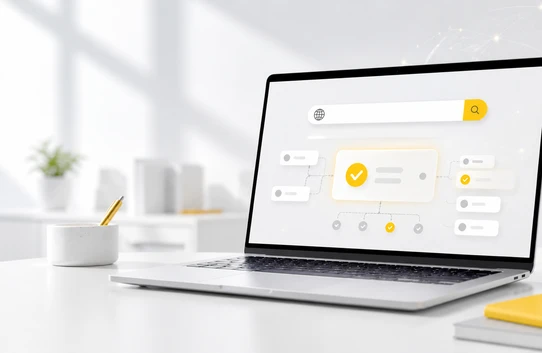 Laptop auf weißem Tisch; Bildschirm zeigt Diagramm-Dashboard mit gelbem Akzent, daneben Pflanze und gelbes Notizbuch.