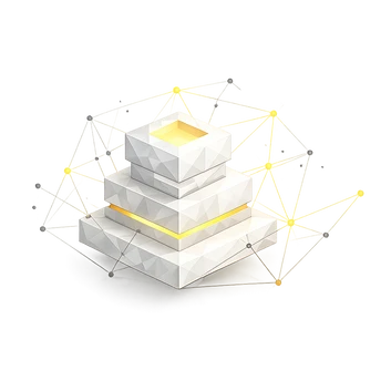 Weiße, geometrische, gestapelte Würfelpyramide mit goldenen Kanten; gelbe Netzwerklinien und Punkte im Umfeld.