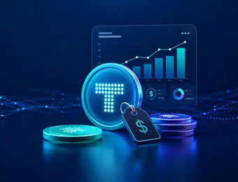 Neonblaue Szene mit Münzen, einer großen Münze mit einem punktierten T-Symbol, Preisschild mit Dollarzeichen und Diagramm im Hintergrund.