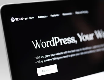 Nahaufnahme eines Monitors mit der WordPress-Startseite, große Überschrift 'WordPress, Your Way' und obere Navigationsleiste.