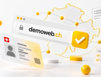 Browserfenster mit der Aufschrift webdemo.ch und gelbem Haken; daneben Karten mit Profilbildern, gelbe Kreise und Linien.