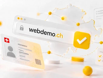 Browserfenster mit der Aufschrift webdemo.ch und gelbem Haken; daneben Karten mit Profilbildern, gelbe Kreise und Linien.