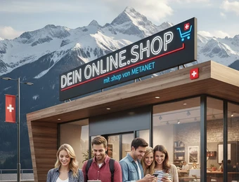 Glasfront-Geschäft, Schild 'DEIN ONLINE SHOP'; fünf Personen davor, einige mit Laptop/Smartphone; Berglandschaft dahinter.