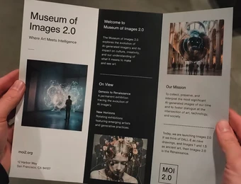 Eine Person hält eine dreigeteilte Broschüre mit Textspalten und Bildern; sichtbar ist der Titel 'Museum of Images 2.0'.
