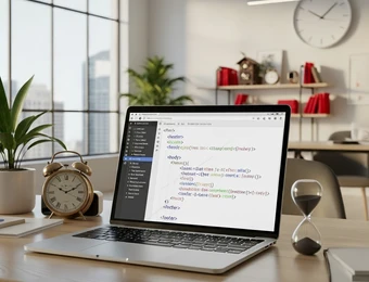 Laptop mit Code auf hellem Schreibtisch; daneben Analogwecker, Sanduhr, Pflanze, Fenster und Regal mit roten Ordnern.