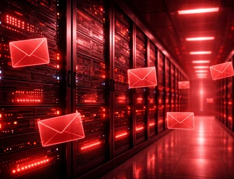 Serverraum mit Serverracks in Reihen und roten LEDs; schwebende rote Briefumschläge.