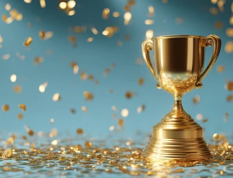 Goldener Pokal mit Henkel auf spiegelnder Oberfläche, umgeben von fallendem Konfetti vor blauem Hintergrund.