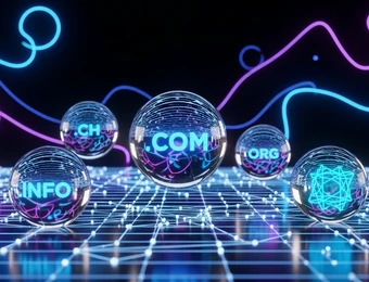 Mehrere leuchtende, transparente Kugeln mit Texten wie COM, INFO, ORG auf einer gläsernen Fläche; blaue/pinke Neonlinien.