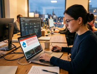 Eine Frau sitzt an einem Laptop an einem Büro-Schreibtisch; im Hintergrund weitere Monitore, Kaffeetasse und Notizen.
