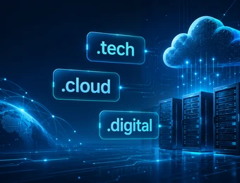Dunkles Rechenzentrum mit blauen Neon-Schildern: .tech, .cloud, .digital; Serverracks und Wolke.