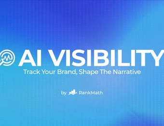 Blauer Gradient-Hintergrund, weißes Logo 'AI VISIBILITY' mit Unterzeile und kleinem Text 'by RankMath'.