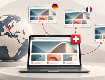 Globus links, Laptop in der Mitte mit mehreren Browserfenstern; rote Linien verbinden sie, Flaggen DE, FR, IT oben.