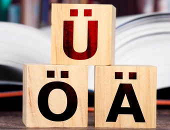 Drei Holzklötze mit den Umlauten Ü, Ö und Ä stehen vor einem offenen Buch im Hintergrund.