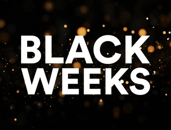 Großer weißer Text BLACK WEEKS auf schwarzem Hintergrund mit orangefarbenen Lichtpunkten.