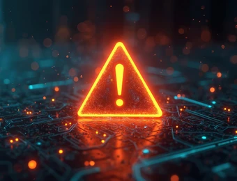 Orangenes Warndreieck mit Ausrufezeichen vor einem blau-orangenen Schaltkreis-Hintergrund.