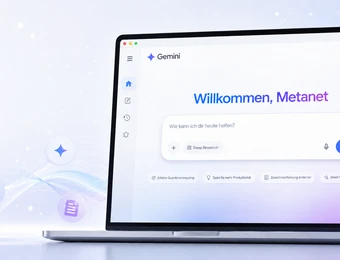 Leuchtender Laptop mit heller UI, Bildschirm zeigt 'Willkommen, Metanet' und eine linke Symbolleiste.