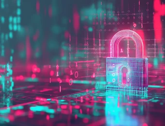 Leuchtendes Vorhängeschloss in pink und blau vor einem neonfarbenen digitalen Raster mit Linien.