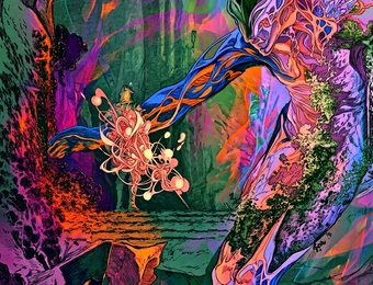 Abstrakte, farbenfrohe Digitalkunst: Mehrfarbige Figur erstreckt sich durch eine bunte Landschaft mit Felsen und Pflanzen.