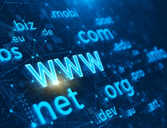 Blauer Hintergrund mit leuchtenden Webbegriffe wie WWW, net, com, jobs und weiteren Domain-Endungen.