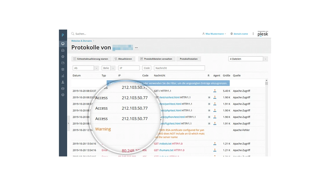 Bildschirm zeigt Protokolle einer Software; eine Lupe vergrößert Einträge wie Access und Warning.