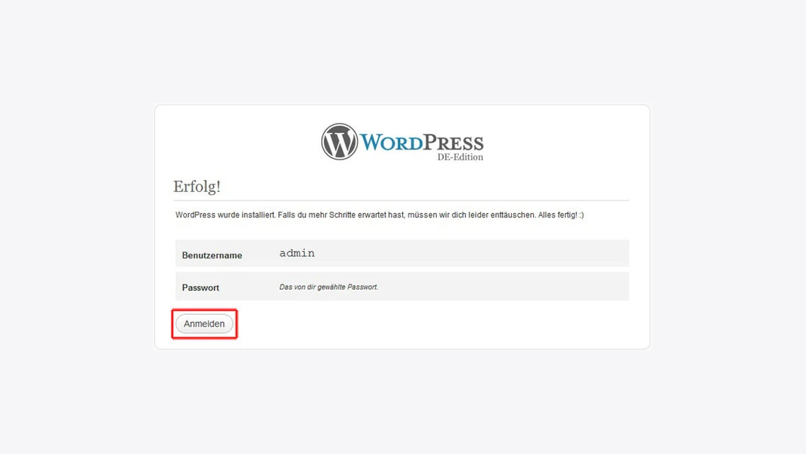WordPress-Loginbildschirm: Logo, Felder Benutzername und Passwort, rot umrandeter Anmelden-Button.