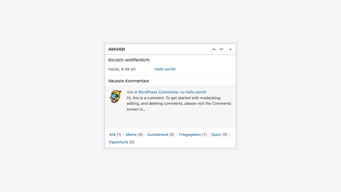 Screenshot eines WordPress-Aktivitätsfensters: heute veröffentlichter Beitrag 'Hello world!' und ein Kommentar.