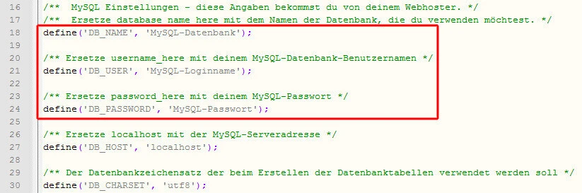 PHP-Konfigurationsdatei mit Define-Anweisungen für DB_NAME, DB_USER und DB_PASSWORD (Platzhalterwerte).