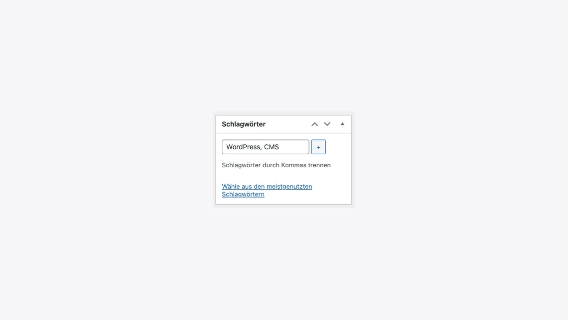 Kleines Dialogfenster mit der Überschrift Schlagwörter; Textfeld mit dem Beispiel WordPress, CMS.