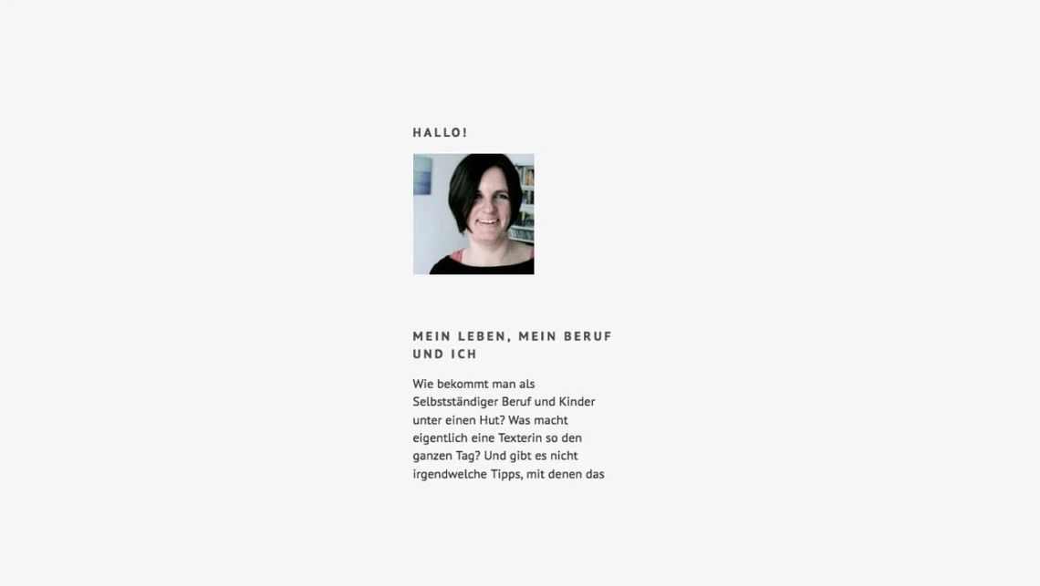 Kleines Layout: Porträt einer Frau mit dunkler Kurzhaarfrisur oben; darunter mehrzeiliger Text.