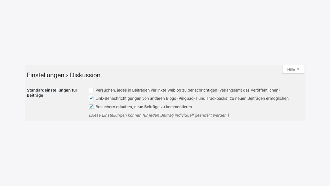 Screenshot der WordPress-Seite 'Einstellungen > Diskussion' mit drei Checkboxen und Hilfe-Menü oben rechts.