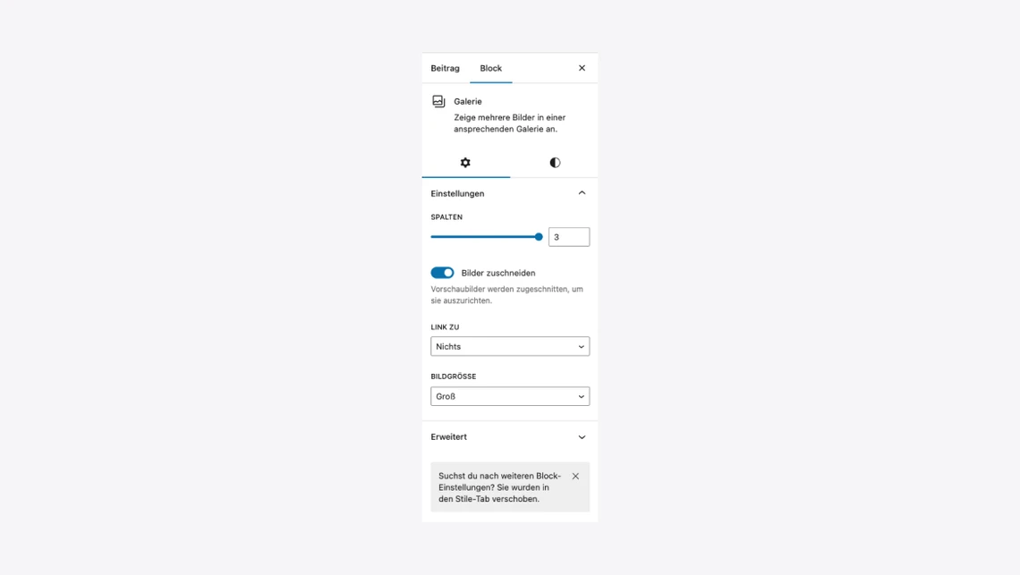 Kleines Einstellungsfenster mit Optionen zu Galerie und Bildern, Schieberegler, Dropdowns und erweiterten Einstellungen.