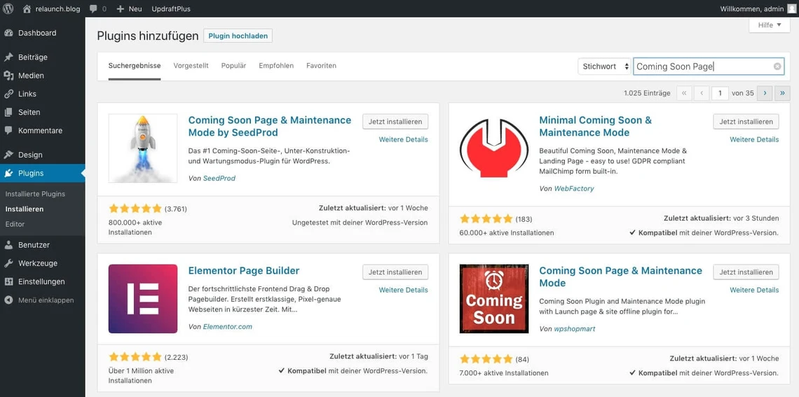 WordPress-Adminbereich: Plugin-Grid mit Karten, darunter Coming Soon Page & Maintenance Mode sowie Elementor Page Builder.