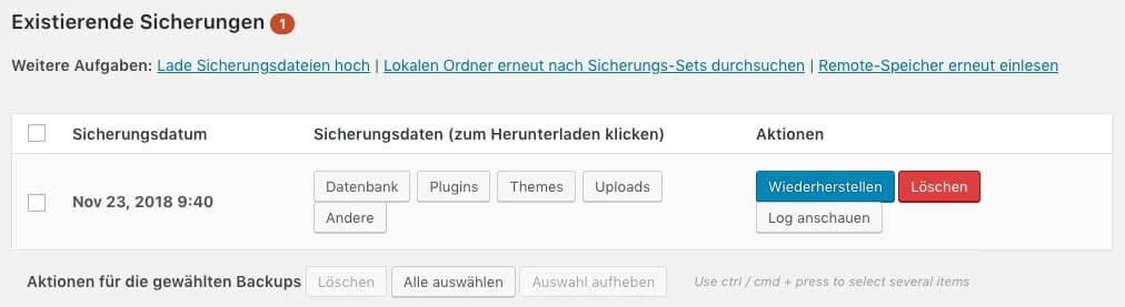 Screenshot einer Backup-Verwaltungsoberfläche: Tabelle mit Datum und Sicherungsdaten sowie Aktionstasten.