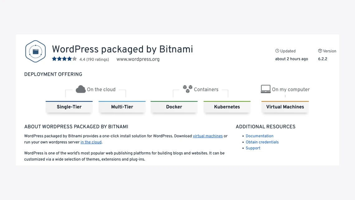 WordPress von Bitnami; Banner mit Cloud- und Computer-Icons; Deployment-Optionen (Single-/Multi-Tier, Docker, Kubernetes).
