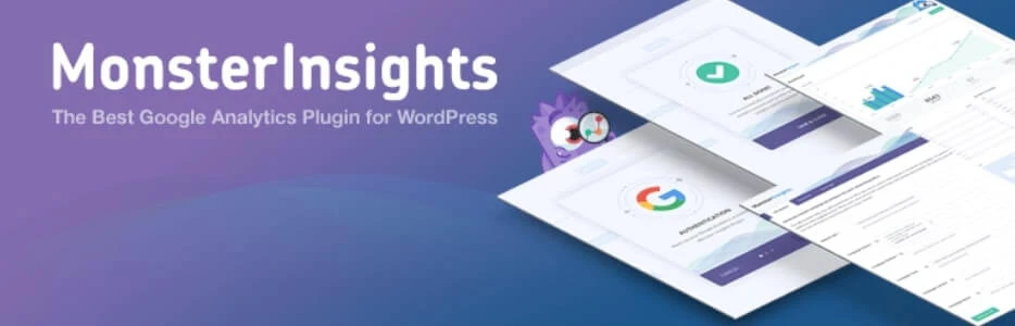 Banner mit lila Verlauf, weißem Schriftzug 'MonsterInsights' und Untertitel; rechts überlappende Diagramm-Screenshots.
