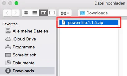 Mac Finder-Fenster im Downloads-Ordner, markierte ZIP-Datei im Hauptbereich.