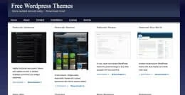 Screenshot einer Website mit dunkelblauem Kopfbereich 'Free Wordpress Themes' und einem Raster von Theme-Vorschaubildern.