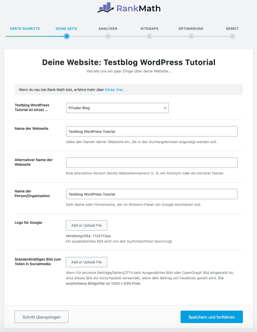Screenshot einer RankMath-Setupseite: Titel 'Deine Website: Testblog WordPress Tutorial' und Formularfelder.