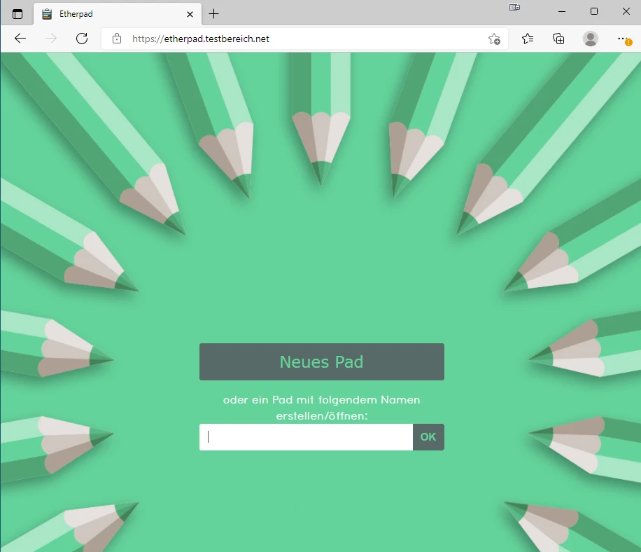 Grüner Hintergrund mit Kreis aus Bleistiften; zentrale Schaltfläche Neues Pad und darunter Eingabefeld samt OK.