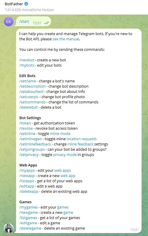 Screenshot eines Telegram-Chats mit BotFather, der Befehle zur Bot-Erstellung und Verwaltung zeigt.