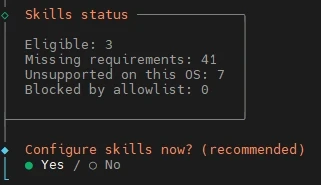 UI-Fenster 'Skills status': Eligible 3, Missing 41, OS-Unsupported 7, Blocked 0; 'Configure skills now?' Yes/No (grüner Punkt neben Yes).