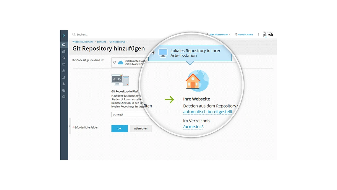Screenshot eines UI-Fensters zum Hinzufügen eines Git-Repositories; Lupe zeigt Text Lokales Repository in Ihrer Arbeitsstation.
