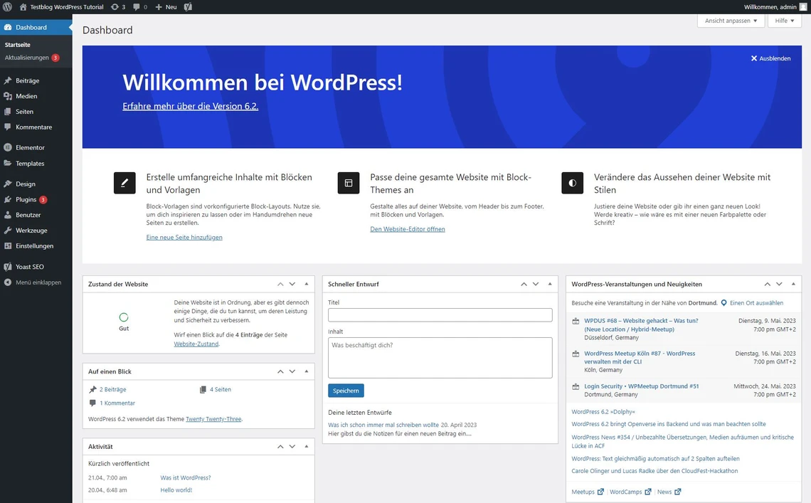 Screenshot eines WordPress-Dashboards: linke Seitenleiste, blauer Willkommensbanner und mehrere Widget-Kacheln.