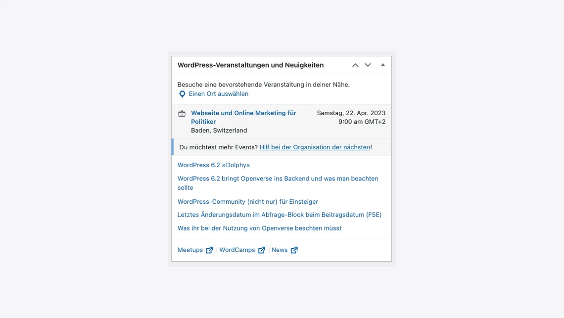 Screenshot eines WordPress-Veranstaltungs- und Neuigkeiten-Feeds in einem Fenster mit Listenpunkten.