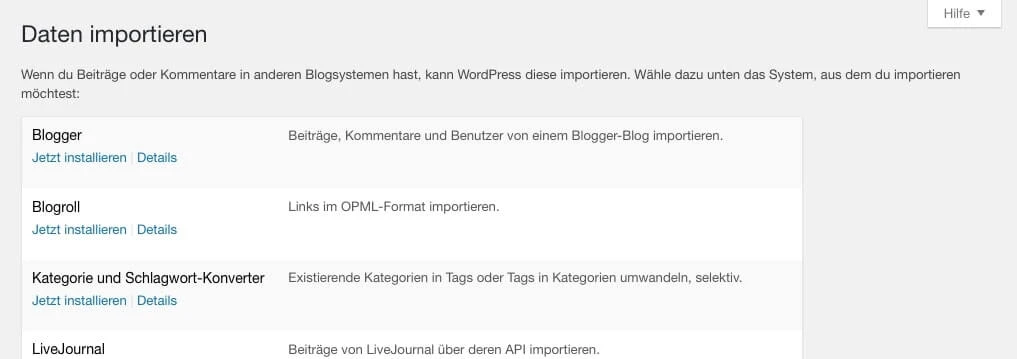 Screenshot der Importseite 'Daten importieren' von WordPress mit Optionen: Blogger, Blogroll, Schlagwort-Konverter, LiveJournal